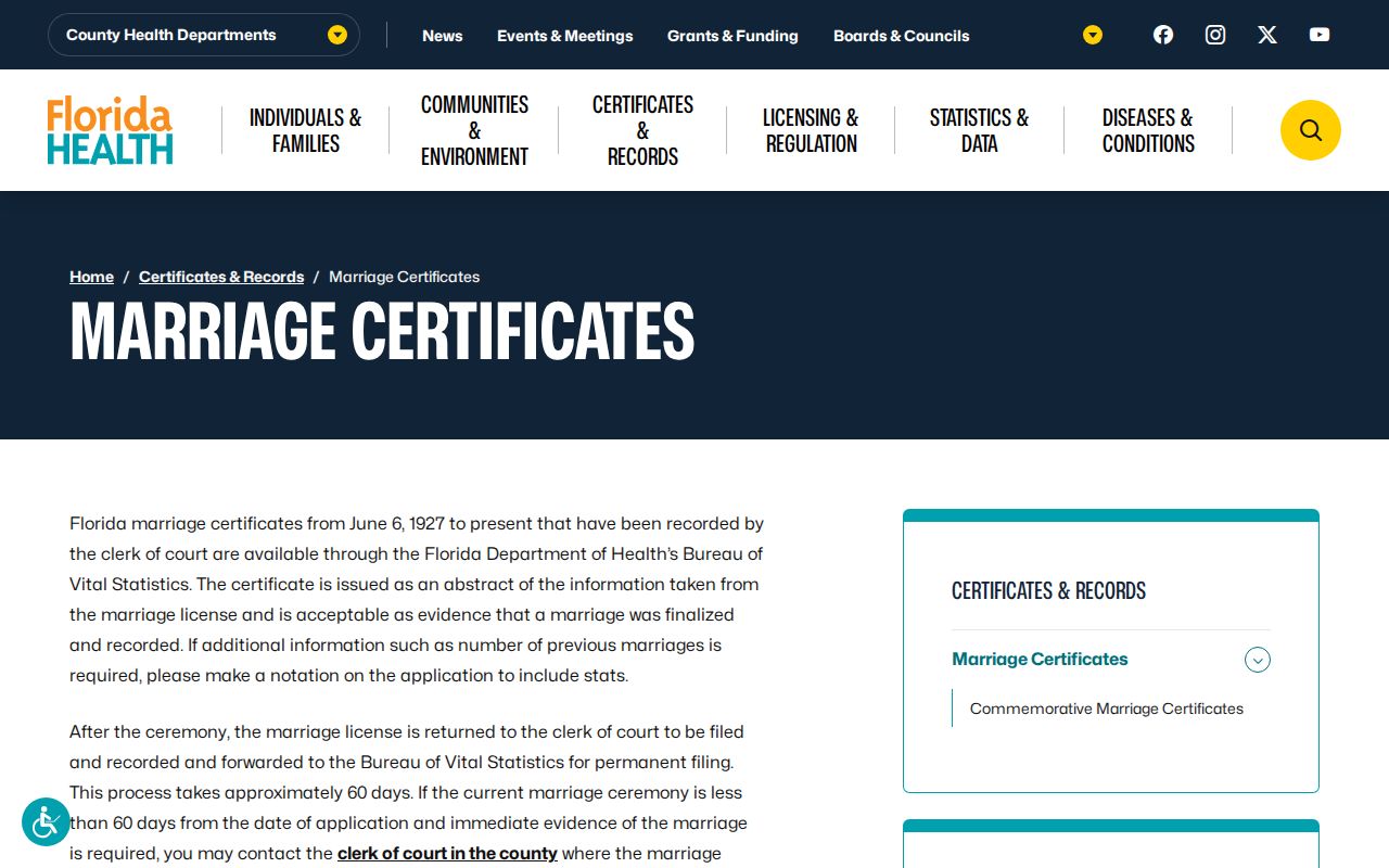Aventura previous residents Florida marriage certificate information