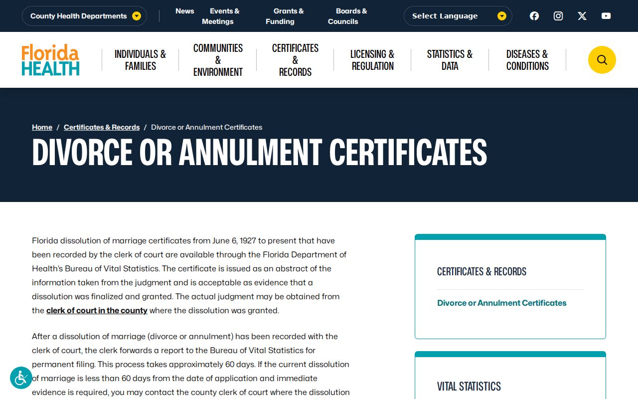 Aventura previous residents Florida divorce certificate information