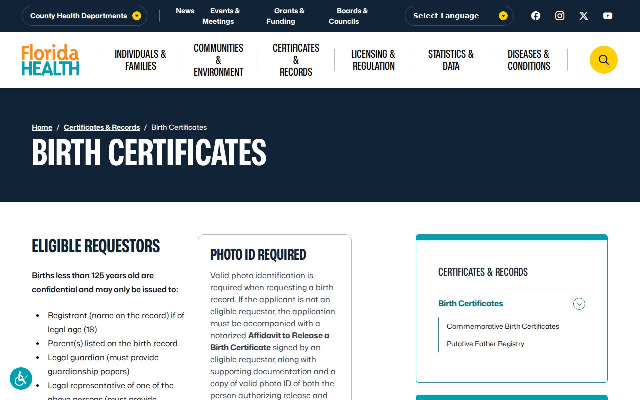 Florida birth certificate access for Aventura resident research