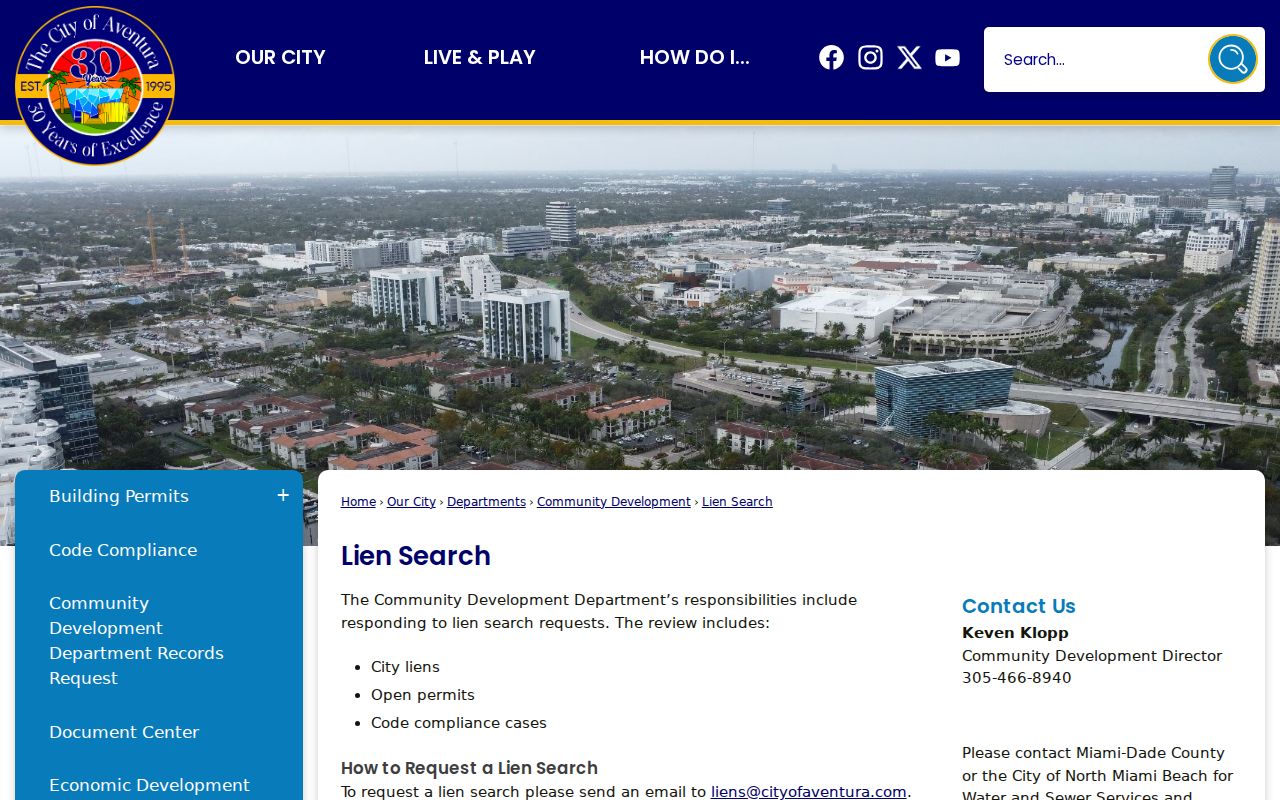Aventura lien search page for address and folio requests