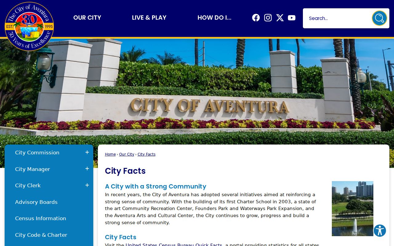 Official Aventura City Facts page listing postal areas 33180 and 33160